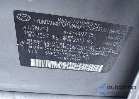 2015 Hyundai Sonata Se from USA, damaged, VIN 5NPE24AF0FH033831